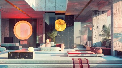 AI generated illustration of a 3D-rendered living room with furniture and large windows - obrazy, fototapety, plakaty