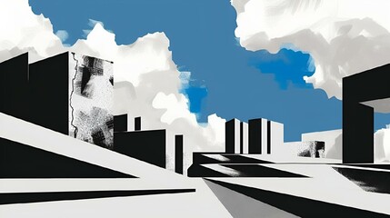 AI generated illustration of architecture poster with skyline and clouds