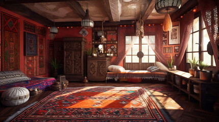 Design of a cozy living room interior in a modern ethnic style. AI generated.