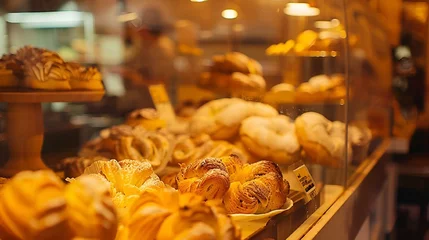 Rolgordijnen AI generated illustration of freshly baked breads showcased on a bakery shelf © Wirestock