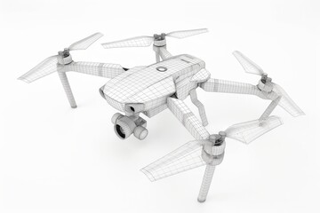 A digital 3D wireframe model of a quadcopter drone isolated on a white background, representing technology design process. - obrazy, fototapety, plakaty