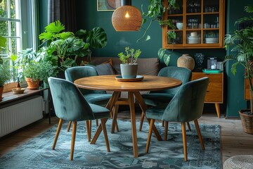 This photo features an elegant wooden dining table and stylish green chairs in a plant-filled room