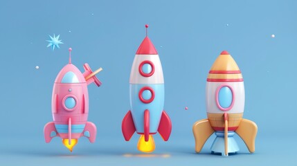 Retro-inspired toy rockets and spaceships 3d style isolated flying objects memphis style 3d render  AI generated illustration