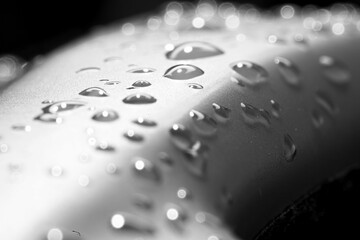 Closeup shot of water drops on a shiny surface on a grayscale