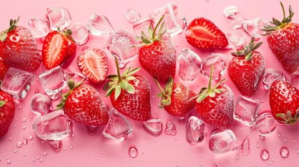 Ripe strawberries set against a pink gradient background encased in ice  AI generated illustration