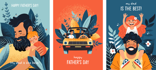 Set of postcards dedicated to Father's Day. Family, father and son, father and daughter, friendship and mutual understanding. Prints for clothes, cover for notebooks, posters, postcards, advertising 