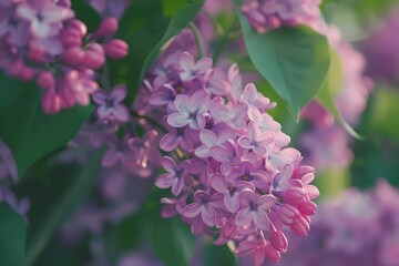 Close-up of vibrant lilac blossoms in bloom. Soft focus, natural beauty captured. Ideal for spring-themed designs. Generative AI