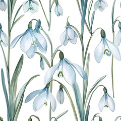 Fototapeta na wymiar Seamless pattern, watercolor snowdrops, light and hopeful signs of spring. Seamless pattern, Fabric Pattern, Tumbler Wrap, Mug Wrap.