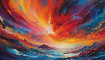 Foto op Plexiglas An oil painting captures a vibrant sky at sunset, with rich swirls of red, orange, and blue against a mountain silhouette. © video rost