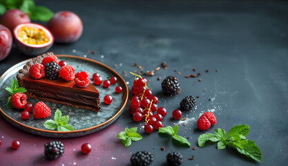 Creative food template. Cranberry raspberry blackberry chocolate cream fruit tart cake tartlet pastry dessert with passionfruit peach dark background surrounded with fruits leaf. copy text space.	
 - obrazy, fototapety, plakaty