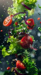 Showcase the freshness of a flying salad with a burst of natural light  AI generated illustration