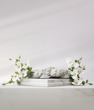 Stone podium for product display with white flowers. Gray showcase mockup