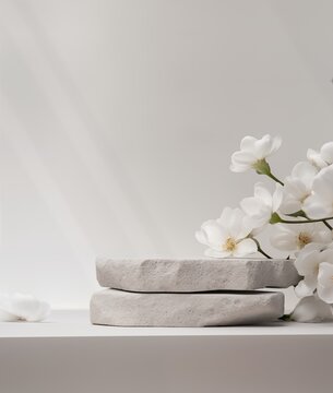 Stone podium for product display with white flowers. Gray showcase mockup
