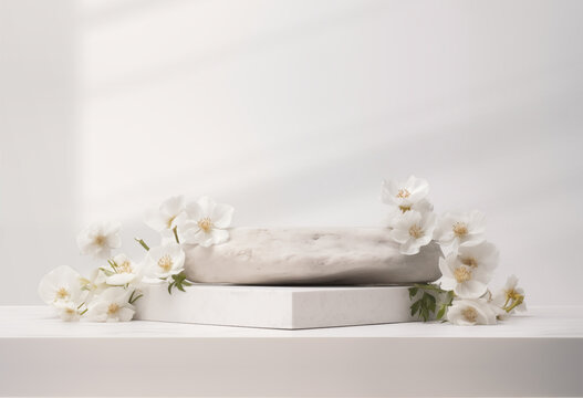 Stone podium for product display with white flowers. Gray showcase mockup