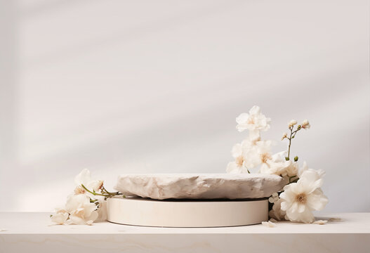 Stone podium for product display with white flowers. Gray showcase mockup