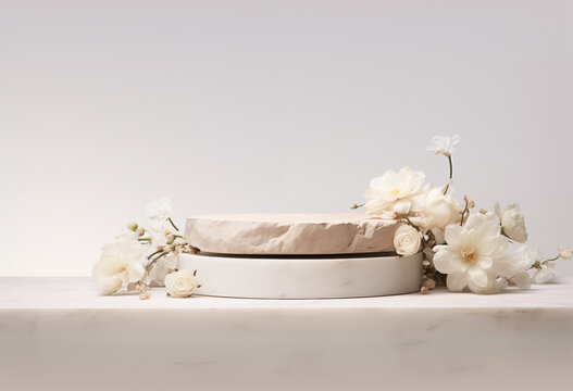 Stone podium for product display with white flowers. Gray showcase mockup