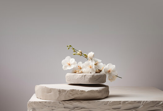 Stone podium for product display with white flowers. Gray showcase mockup