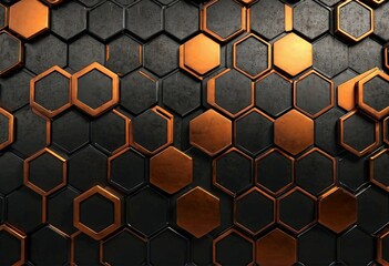 Black and copper puzzle, hexagon-shaped background
