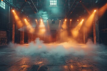 An industrial empty warehouse is filled with dramatic fog and striking beam lights, creating an eerie yet captivating atmosphere
