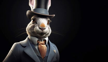 Gentleman, boss fluffy rabbit, hare in a hat, suit and tie. Banner header. AI generated. - obrazy, fototapety, plakaty