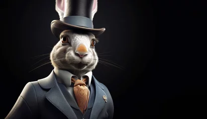 Fotobehang Gentleman, boss fluffy rabbit, hare in a hat, suit and tie. Banner header. AI generated. © Serhii
