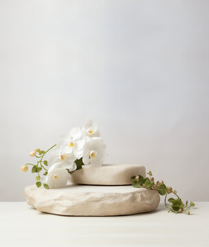 Stone podium for product display with white flowers. Gray showcase mockup
