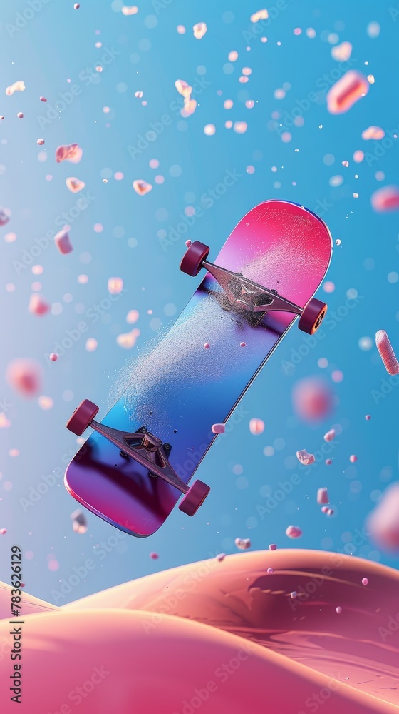 Poster snowboard and halfpipe in a vibrant colorway 3d style isolated flying objects memphis style 3d rende