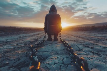 A person in a hooded garment sits facing a sunset, chained to the dry, cracked ground, evoking feelings of solitude and confinement - obrazy, fototapety, plakaty
