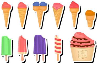 Illustration on theme big kit ice cream popsicle different types in cone waffle cup