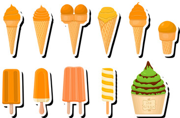 Illustration on theme big kit ice cream popsicle different types in cone waffle cup