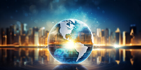    Blue globe illustration with lines connecting continents, representing a global business network powered by technology and information, Global business concept background and wallpaper 
 