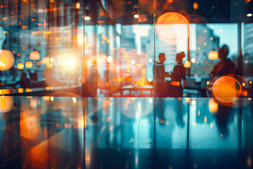 Business team meeting in a modern office, captured through a glass window with reflections of people and lights, blured bisiness background
