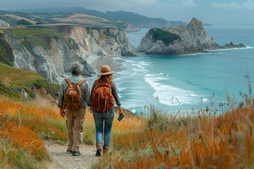 A couple walking on a coastal trail overlooking the ocean, surrounded by dramatic cliffs and lush...