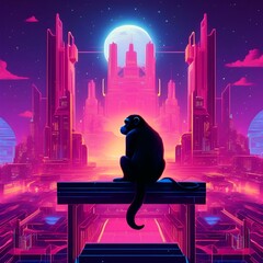 AI generated illustration of a monkey perched on a bench in a city setting