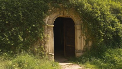 A forgotten door stands invitingly open, overgrown with vines, leading into a hidden garden shrouded in mystery.
