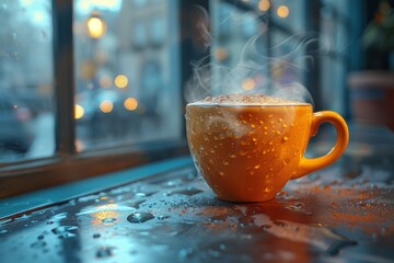 The image symbolizes warmth and comfort, showing a steamy cup of coffee against a rainy backdrop