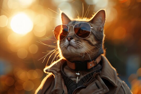 With an attitude, this cat is the epitome of coolness in its jacket and sleek sunglasses