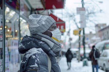 Fototapeta premium Person Bundled in Layers Walking Along Busy Urban Street with Visible Shop Windows, Capturing the Cozy Winter Vibe in the City.