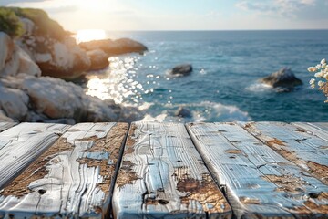Sun-kissed old wooden planks overlook a breathtaking seascape of cliffs and sparkling water