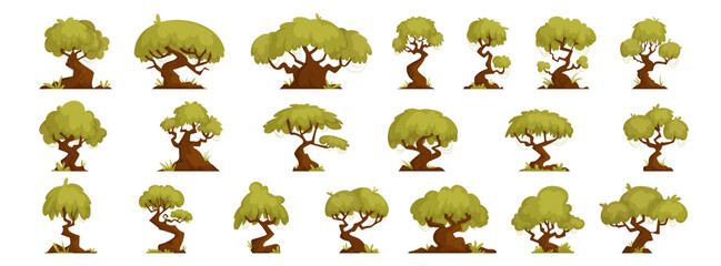 Large Set of forest trees of interesting and twisted shapes, bonsai and oaks, green forest tree of interesting shapes, flat cartoon vector.