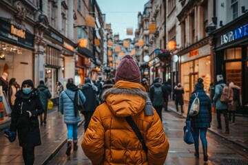 Fototapeta premium Warmly Dressed Individual Walking on Busy Urban Street With Vibrant Shop Windows, Capturing the Energy of City Life.