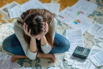 Worried Person Crunching Numbers on a Calculator Surrounded by Financial Documents, Signifying Tax Season Stress and Organizational Chaos.