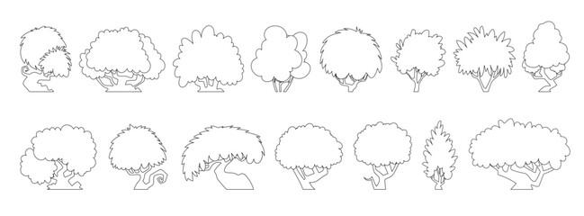 Set of forest bushes of various interesting shapes, bushes and small trees icons. Black lines style vector.