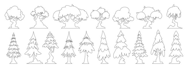 Set of forest trees of various interesting shapes, icons of sow, spruce, small and large trees. Black lines style vector.