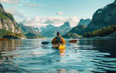 Kayaker Paddling on Calm Lake, Scenic Mountain Backdrop - outdoor adventure, mountain lake kayaking, tranquil nature scene.