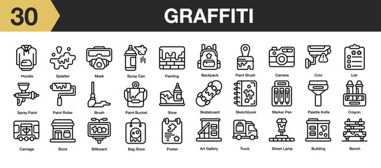 Set of 30 graffiti icon set. Includes mask, paint, brush, bag, poster, knife, spray, and More. Outline icons vector collection.