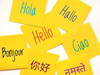 Colorful background with seven yellow sticky notes with the word hello written in different languages