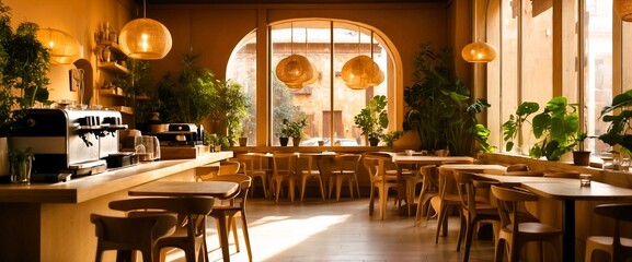 AI generated illustration of a local restaurant with wooden furniture and abundant green plants - obrazy, fototapety, plakaty