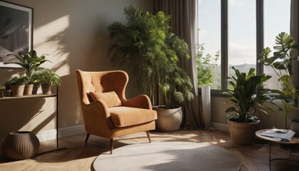 Modern interior design featuring an inviting orange armchair and an array of indoor plants, basking in natural sunlight.