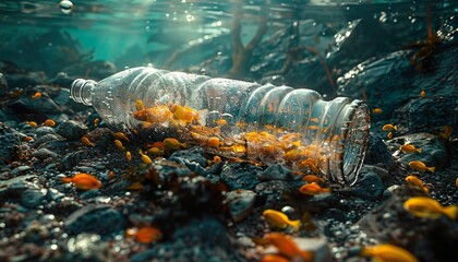 Plastic bottle floating in ocean with aquatic animal, fish. Ocean pollution, environmental...